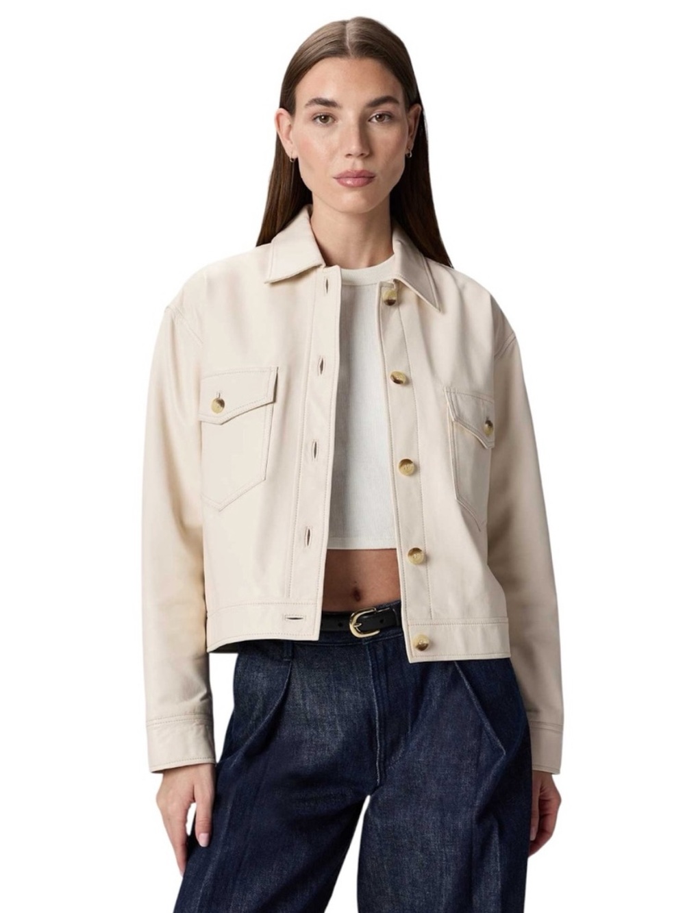 Quince 100% Leather Cropped Jacket in Birch White Size S GUC